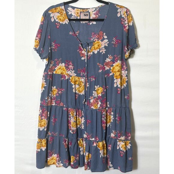 SO Dresses & Skirts - SO Floral Tiered Mini Dress Tassel Babydoll Blue Size XXL Cottage Festival BOHO